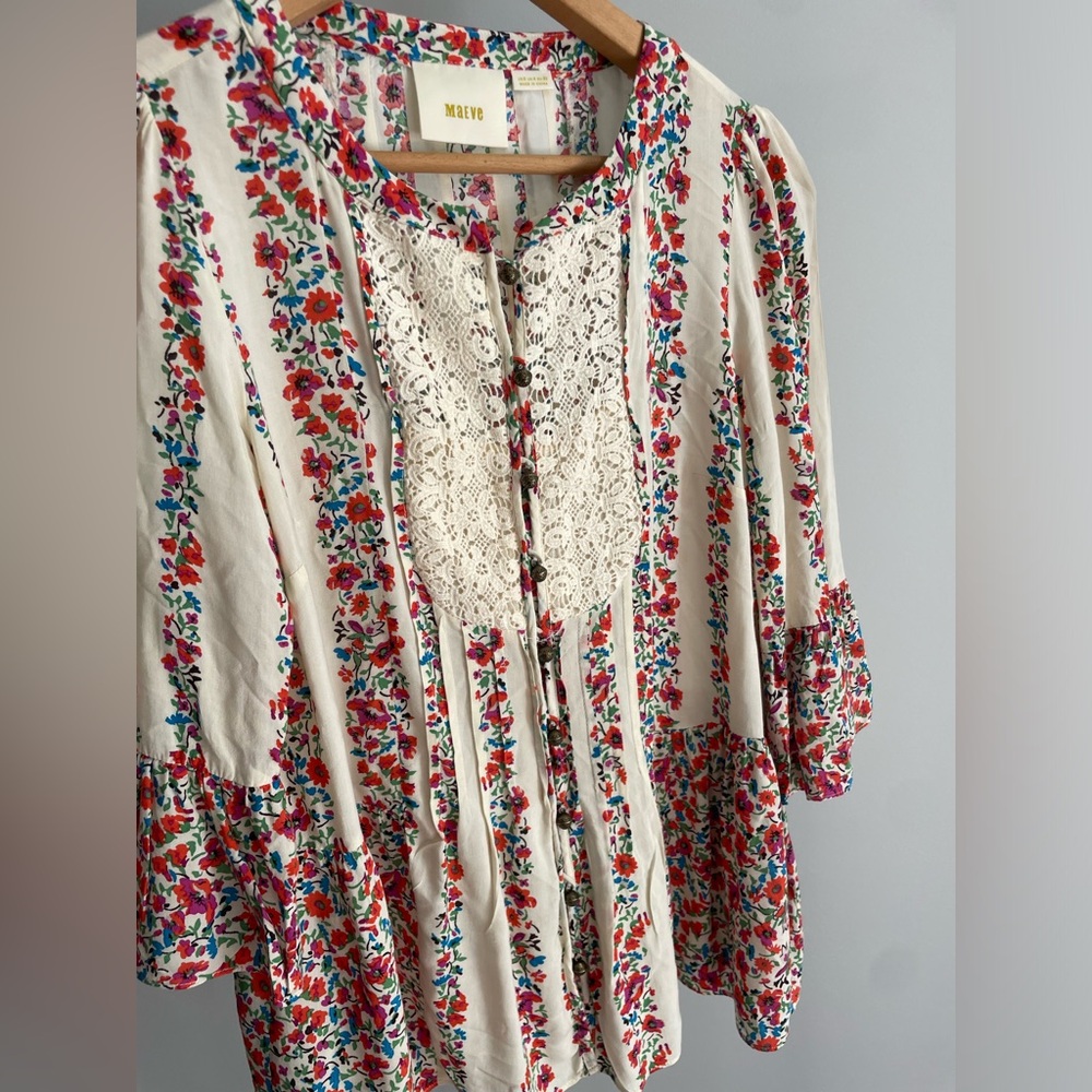 Anthropologie Maeve Womens Top Size 0 Button Hiver Boho Cottagecore Blouse Lace - Picture 8 of 14